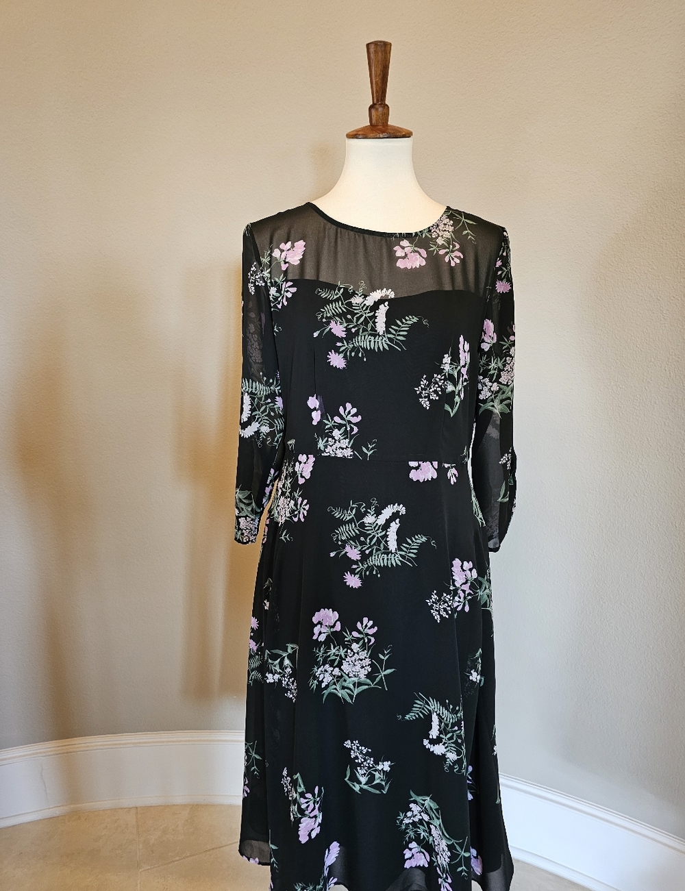 Ann Taylor Black Floral Long Sleeve Midi Dress
